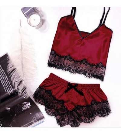 Bras Women Sleepwear Sleeveless Strap Nightwear Lace Trim Satin Cami Top Pajama Sets - H-red - C218UR6CAHR $11.46