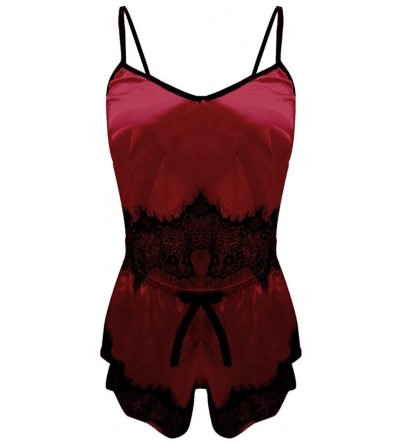 Bras Women Sleepwear Sleeveless Strap Nightwear Lace Trim Satin Cami Top Pajama Sets - H-red - C218UR6CAHR $11.46