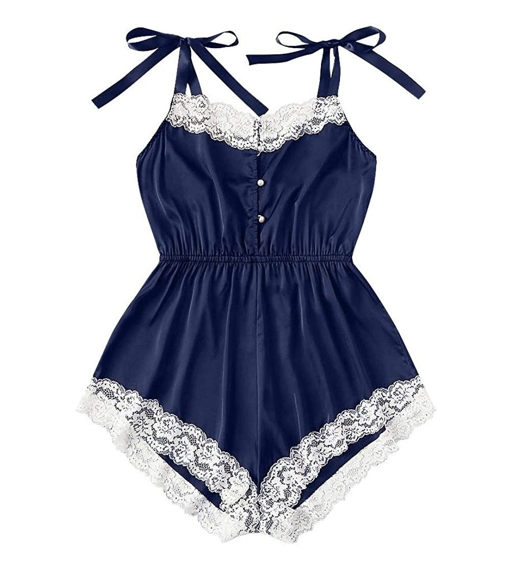 Bras Sexy Bodysuit Jumpsuit Lace Satin Silk Sleepwear Lingerie Underwear - Navy - CT190ZKIA8S $14.58