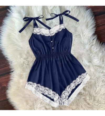 Bras Sexy Bodysuit Jumpsuit Lace Satin Silk Sleepwear Lingerie Underwear - Navy - CT190ZKIA8S $14.58