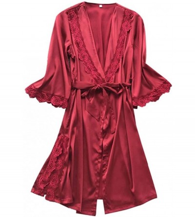 Baby Dolls & Chemises Women Sexy Silk Robe Satin Kimono Camisole Pajama Dress Sleepwear Mini Chemise - Red（only Robe） - CZ18X...