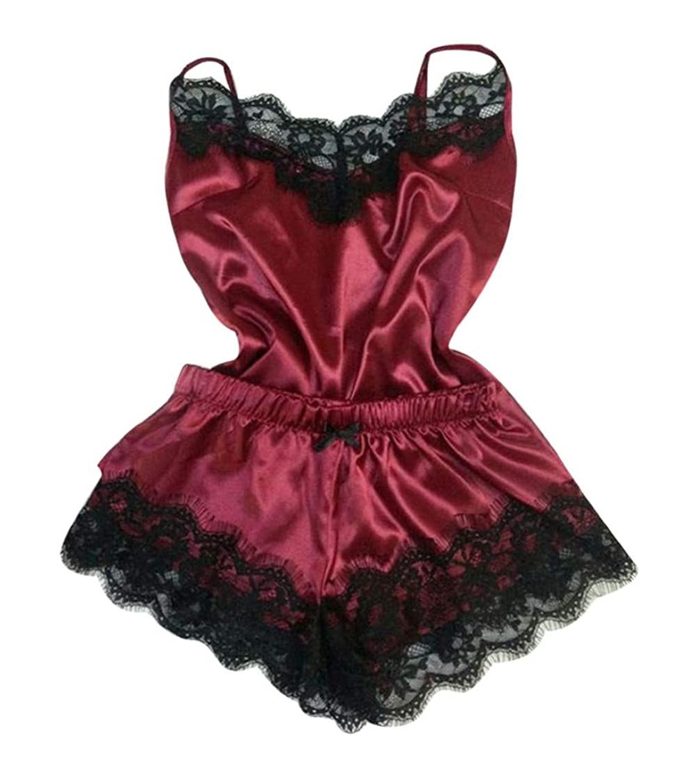 Baby Dolls & Chemises New Womens Sexy Lingerie Camisole Bow Shorts V-Neck Tops Velvet Pajamas Sleepwear - B Red - CT195Y66CKG...