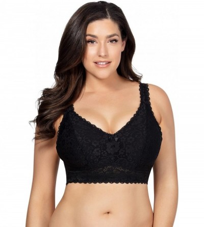 Bras Adriana Women's Full Figured Supportive Wirefree Lace Bralette J-Hook Style P5482 - Black - CC1805CW4ZQ $88.66