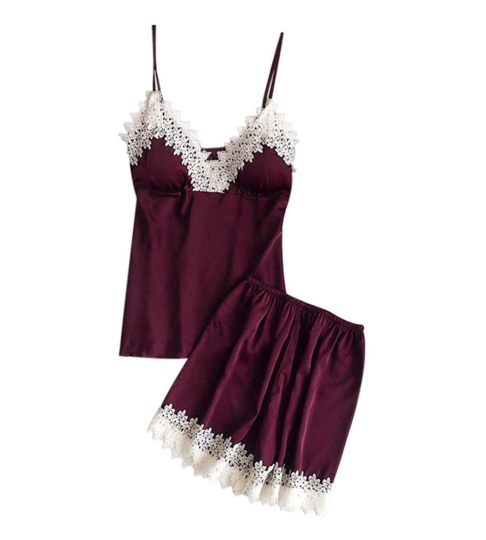 Bustiers & Corsets Women 2PC Sleepwear Sets-Sexy Lace Lingerie Nightwear Loose Underwear Babydoll Shorts - Wine - CM18SZ0K83H...