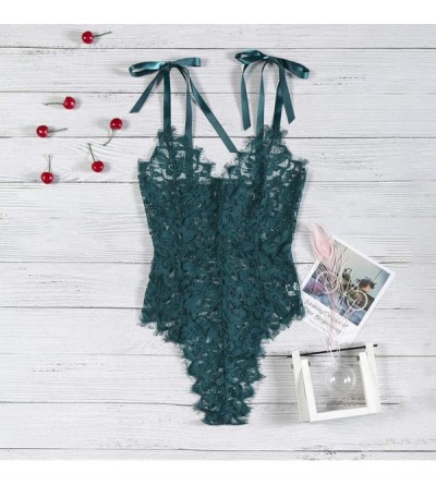 Baby Dolls & Chemises Sexy Lace Bodysuit Lingerie Women Strappy One-Piece Teddy Babydoll Floral Mesh Underwear - Green - CN18...