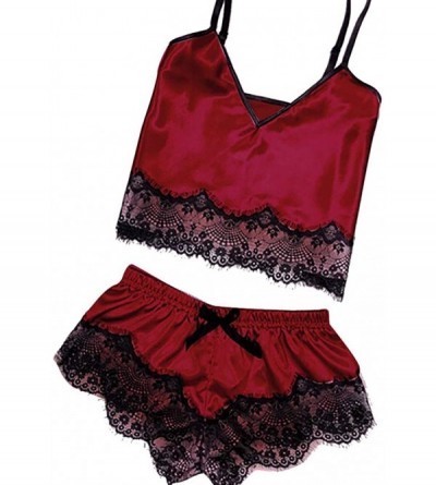 Bustiers & Corsets Women Sleepwear Sleeveless Strap Nightwear Lace Trim Satin Cami Top Pajama Sets - H-red - C918UR6CAHR $14.87