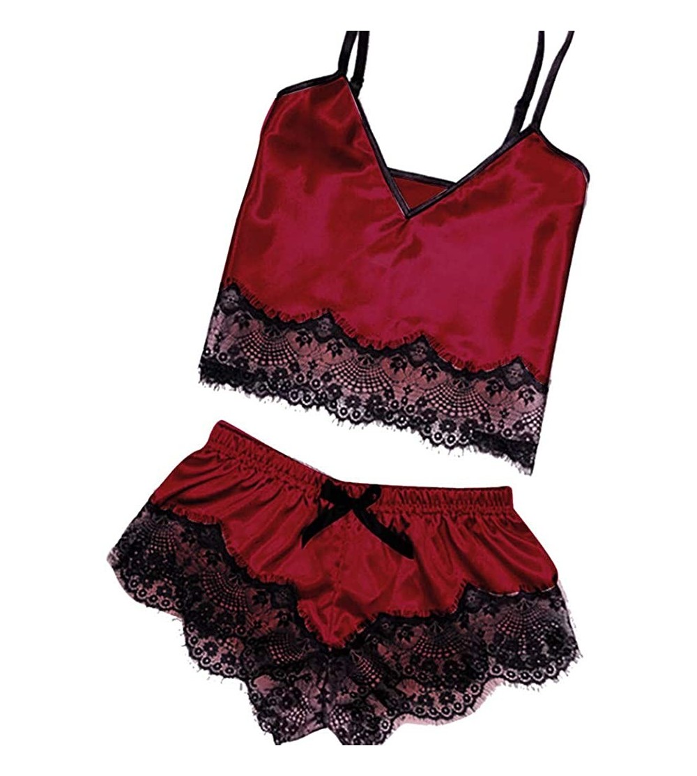Bustiers & Corsets Women Sleepwear Sleeveless Strap Nightwear Lace Trim Satin Cami Top Pajama Sets - H-red - C918UR6CAHR $14.87