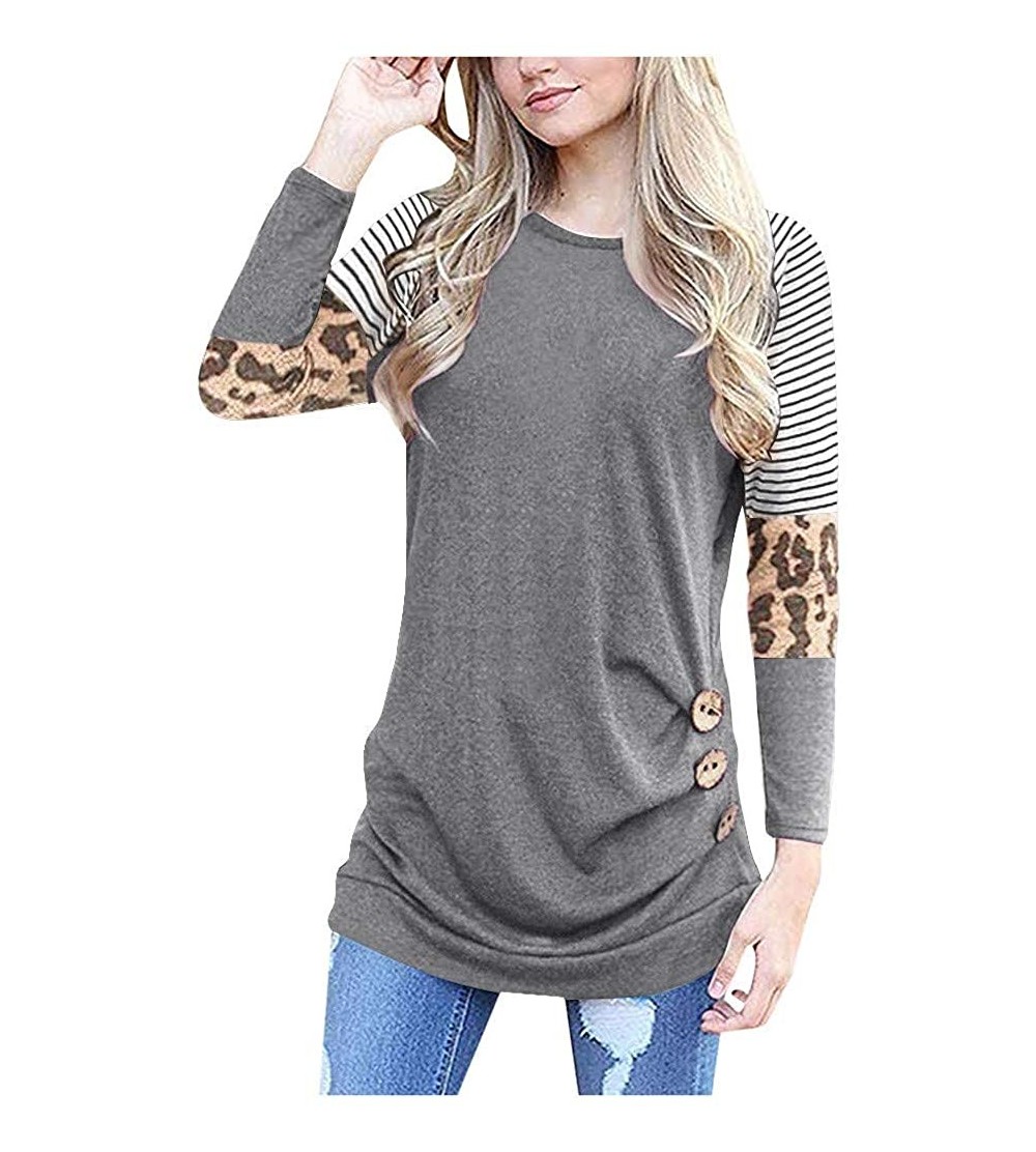 Bras Womens Loose Blouse Fashion Patchwork Sleeve Long Sleeve O-Neck Shirt Tops Tunic Casual T-Shirt - Gray - CX1945CWS35 $21.26