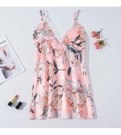 Bustiers & Corsets Women Satin Flower Printint Silk Lingerie Bow Lace Pajamas Sleepwear Nightdress - Pink - CA18SRM454L $8.56