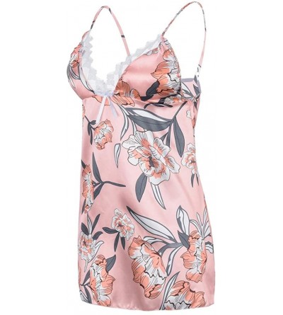 Bustiers & Corsets Women Satin Flower Printint Silk Lingerie Bow Lace Pajamas Sleepwear Nightdress - Pink - CA18SRM454L $8.56