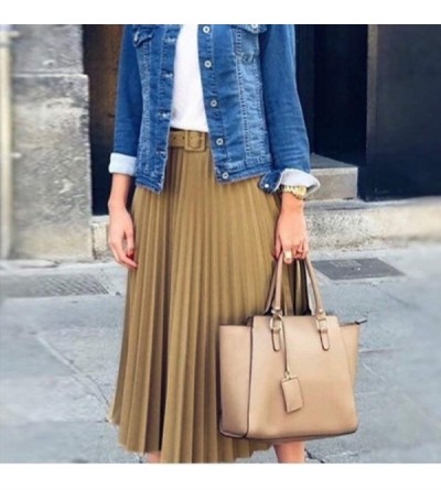 Baby Dolls & Chemises Fashion Women Loose Solid High Waist A-Line Party Layered Pleated Skirt - Khaki - CZ1960UR44L $21.37