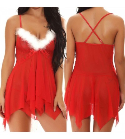 Baby Dolls & Chemises Christmas Plus Size Women V Neck Babydoll Lingerie Sheer Lace Chemise Halter Backless Sleepwear Red - C...