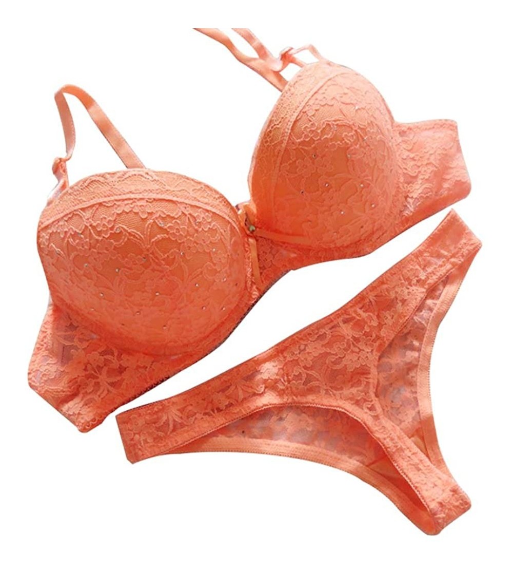 Bras Women Underwear Lingerie Set Lace Push Up Bra + Thong Panties - Orange - C6183MULUQ0 $9.06