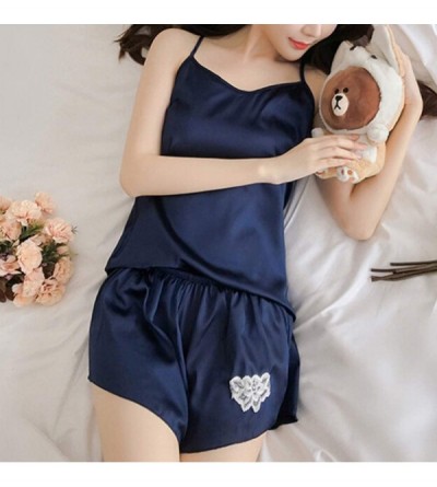 Bustiers & Corsets 2PCS Womens Lingeries Sexy Satin Lingerie Sleeveless Pajamas Embroidery Flower Underwear - Dark Blue - CO1...