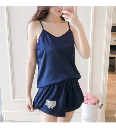 Bustiers & Corsets 2PCS Womens Lingeries Sexy Satin Lingerie Sleeveless Pajamas Embroidery Flower Underwear - Dark Blue - CO1...