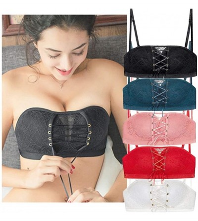 Bras Lace Strapless Bandeau - Femmetric Lace Strapless Drawstring Bandeau Women Pull-Together Lace Bra Invisible Bra Lingerie...