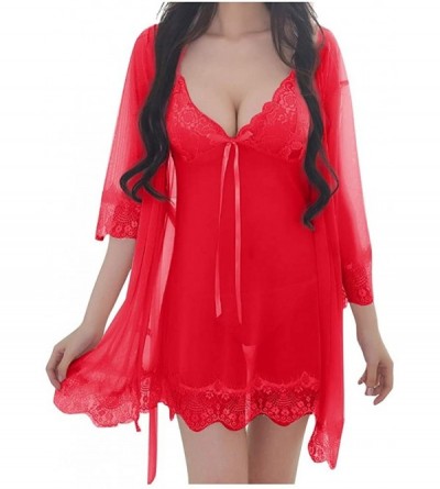 Bustiers & Corsets Sexy Wireless Rimless Pajamas Lace Silk Underwear Women Sexy Lingerie - Red - CT1938C76GT $19.76