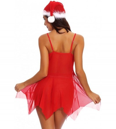 Bras Womens Sexy Sling Chemises Christmas Lingerie 3 Piece Set Christmas Hat Nightdress G-String - Red - CU18A3DU5AA $19.91