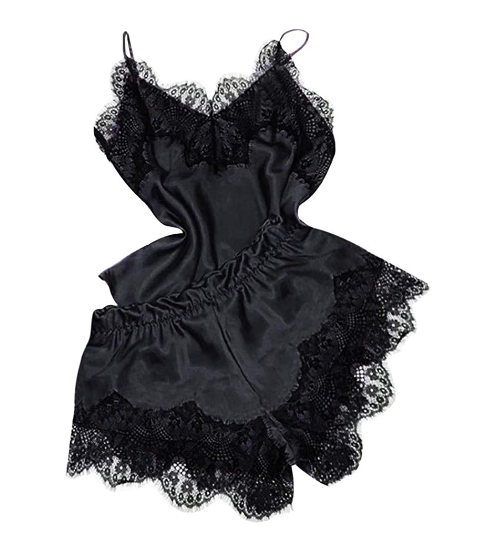 Baby Dolls & Chemises Women Sexy Lace Sleepwear-Lingerie Temptation Babydoll Nightdress Loose Camisole and Shorts - Black - C...