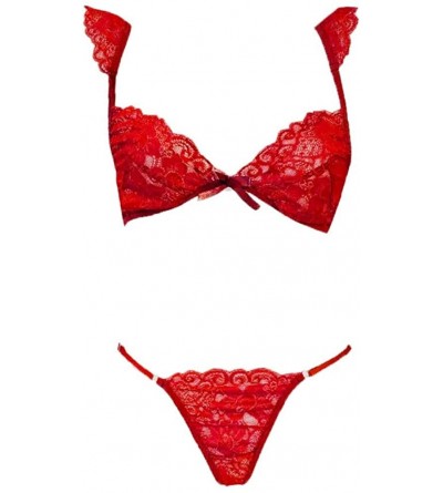 Bras Womens Sexy Bra Underwear Lace Bra Lette Brief Bra Set Lingerie Thong Sleepwear - Red - CC18XRL35Y6 $23.02