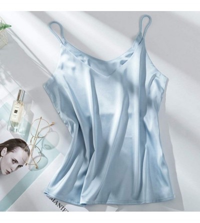 Baby Dolls & Chemises Womens Satin Pajamas Sexy Fashion V-Neck Silk Cami Crop Top Underwear - Blue - CC198E2RNCE $15.01