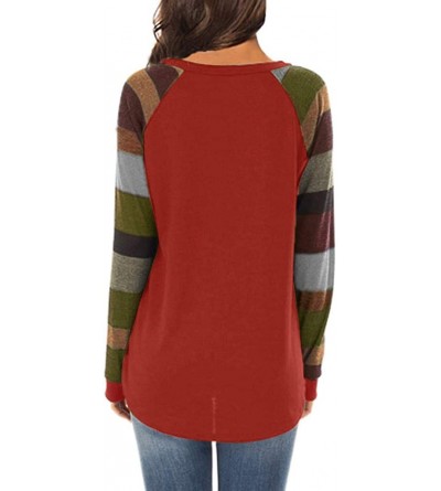 Accessories Women's Striped T-Shirt Casual Stitching Multi-Color Pocket Loose Shirt Sweatshirt Shirt - Red - C718NN22TRL $15.75