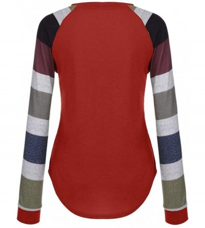 Accessories Women's Striped T-Shirt Casual Stitching Multi-Color Pocket Loose Shirt Sweatshirt Shirt - Red - C718NN22TRL $15.75