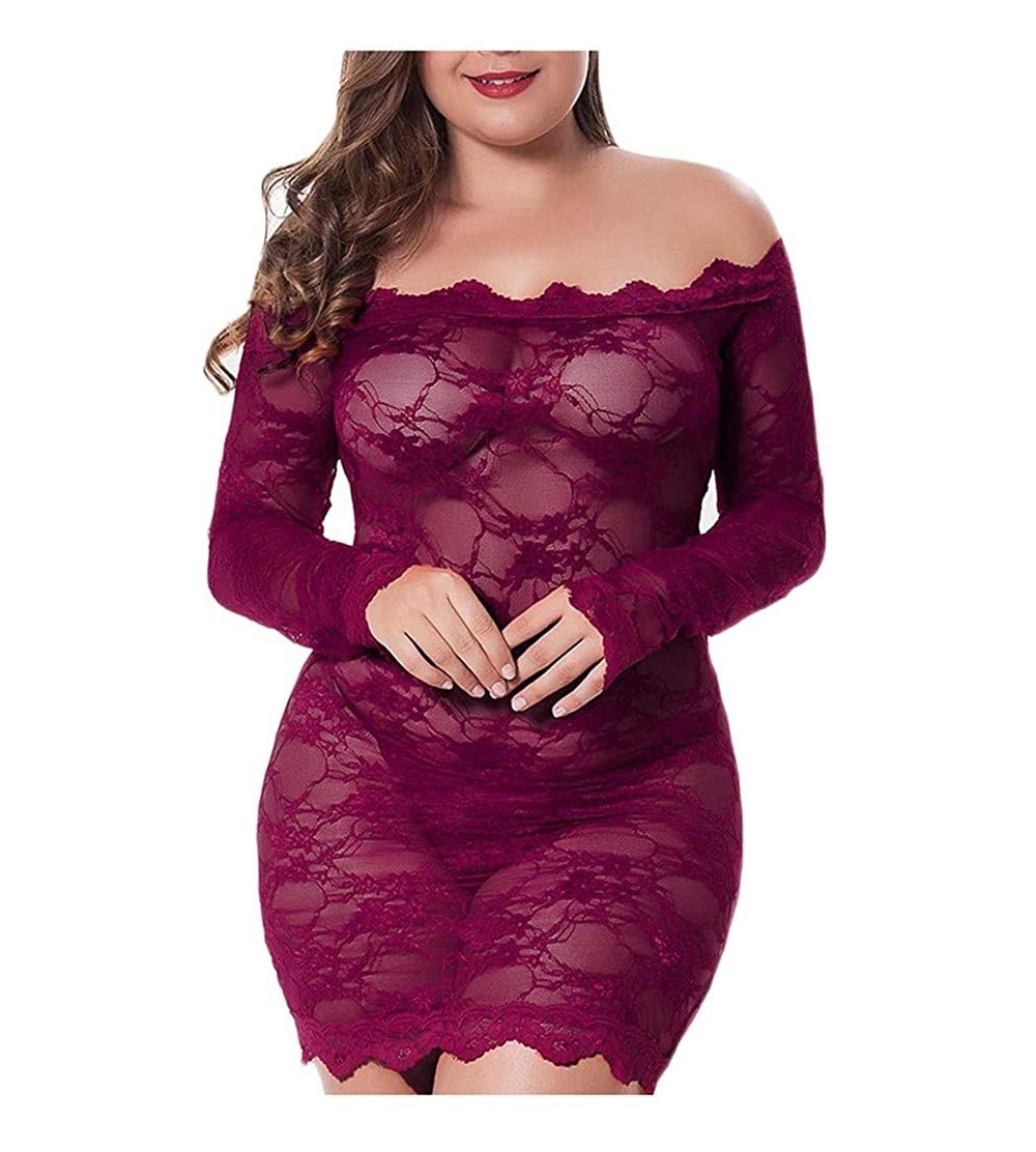 Bustiers & Corsets New Womens Plus Size Sexy Lingerie Lace Badydoll Off Shoulder Sleepwear Pajamas - Wine - C6190L8WXHG $17.21