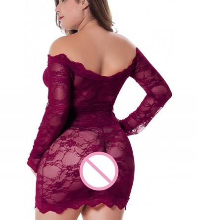 Bustiers & Corsets New Womens Plus Size Sexy Lingerie Lace Badydoll Off Shoulder Sleepwear Pajamas - Wine - C6190L8WXHG $17.21