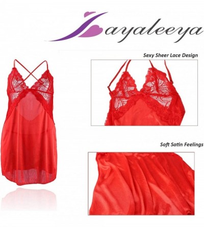 Baby Dolls & Chemises Women Sexy Sleepwear Lace Satin Deep V Neck Chemise Soft Sleepwear - Red - C818UEHZSI8 $11.89