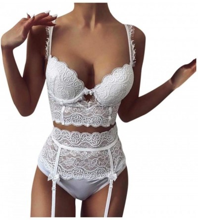 Baby Dolls & Chemises Women Lace Lingerie Set with Belt Strap Bra and Panty Babydoll(withoout Stockings) - White - C0190WAUAU...