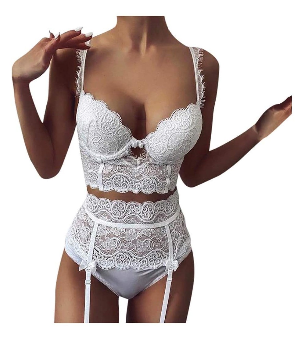 Baby Dolls & Chemises Women Lace Lingerie Set with Belt Strap Bra and Panty Babydoll(withoout Stockings) - White - C0190WAUAU...