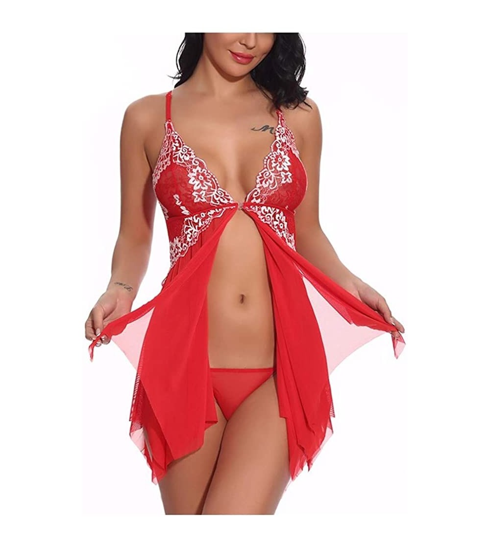 Baby Dolls & Chemises Women Lace Lingerie Front Closure Babydoll V Neck Nightwear Sexy Chemise Nightie - Red - CU18Z2MIKGY $1...