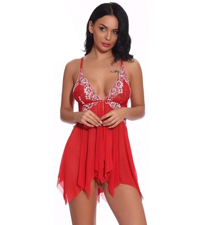 Baby Dolls & Chemises Women Lace Lingerie Front Closure Babydoll V Neck Nightwear Sexy Chemise Nightie - Red - CU18Z2MIKGY $1...