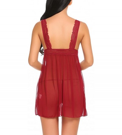 Baby Dolls & Chemises Women Lingerie Lace Babydoll Strap Chemises V Neck Sleepwear Outfits - Style-2-dark Red - C318LZMIAS6 $...