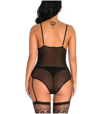 Bras Womens Mesh Rhinestone Bodysuit Sexy Gauze Long Sleeve Jumpsuit Stockings Underwear - F - CD1947WE2TK $12.79