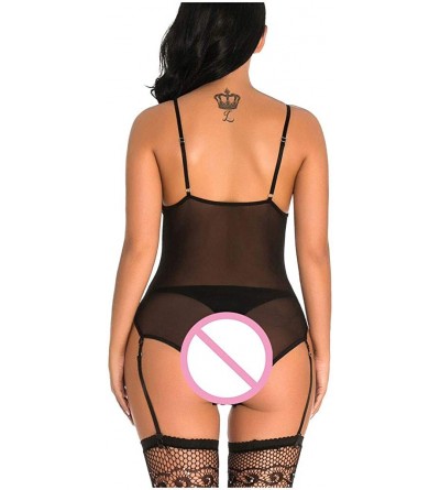 Bras Womens Mesh Rhinestone Bodysuit Sexy Gauze Long Sleeve Jumpsuit Stockings Underwear - F - CD1947WE2TK $12.79