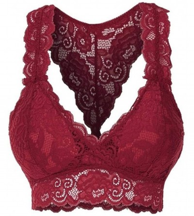 Bras Women Ladies Fashion Stretchy Floral Lace Hollow Out Bralette Bra Everyday Bras - Wine Red - C51986L8SEM $30.82