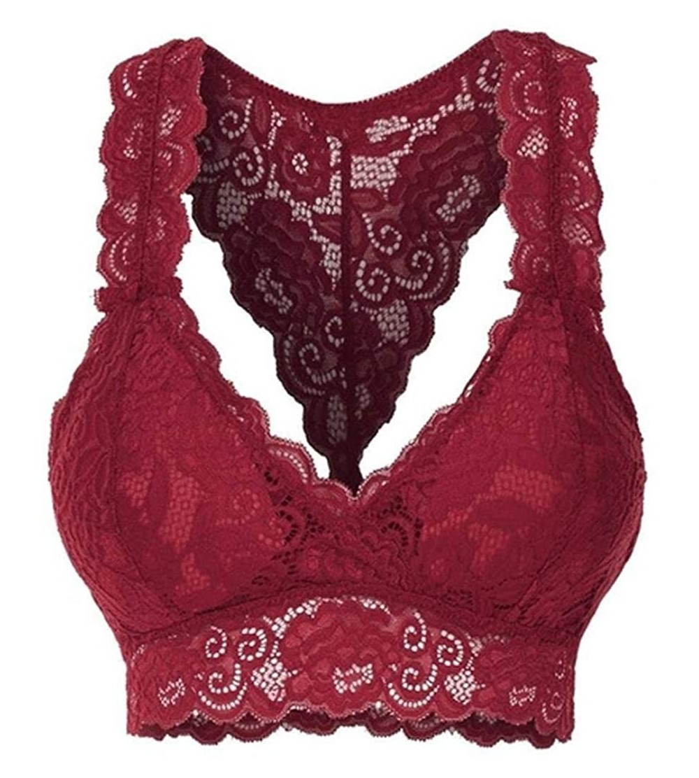 Bras Women Ladies Fashion Stretchy Floral Lace Hollow Out Bralette Bra Everyday Bras - Wine Red - C51986L8SEM $12.71