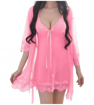 Baby Dolls & Chemises Sexy Wireless Rimless Pajamas Lace Silk Underwear Women Sexy Lingerie - Hot Pink - C31938CUU2I $34.16