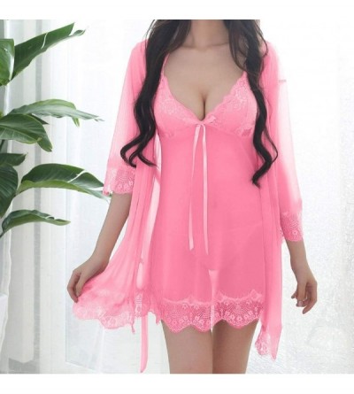 Baby Dolls & Chemises Sexy Wireless Rimless Pajamas Lace Silk Underwear Women Sexy Lingerie - Hot Pink - C31938CUU2I $15.49