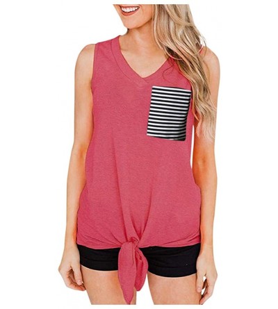 Bras Womens Sleeveless Tank Tops Casual V-Neck Knot Vest Tops with Striped Pocket - Hot Pink - C91945DLQ4Z $10.02