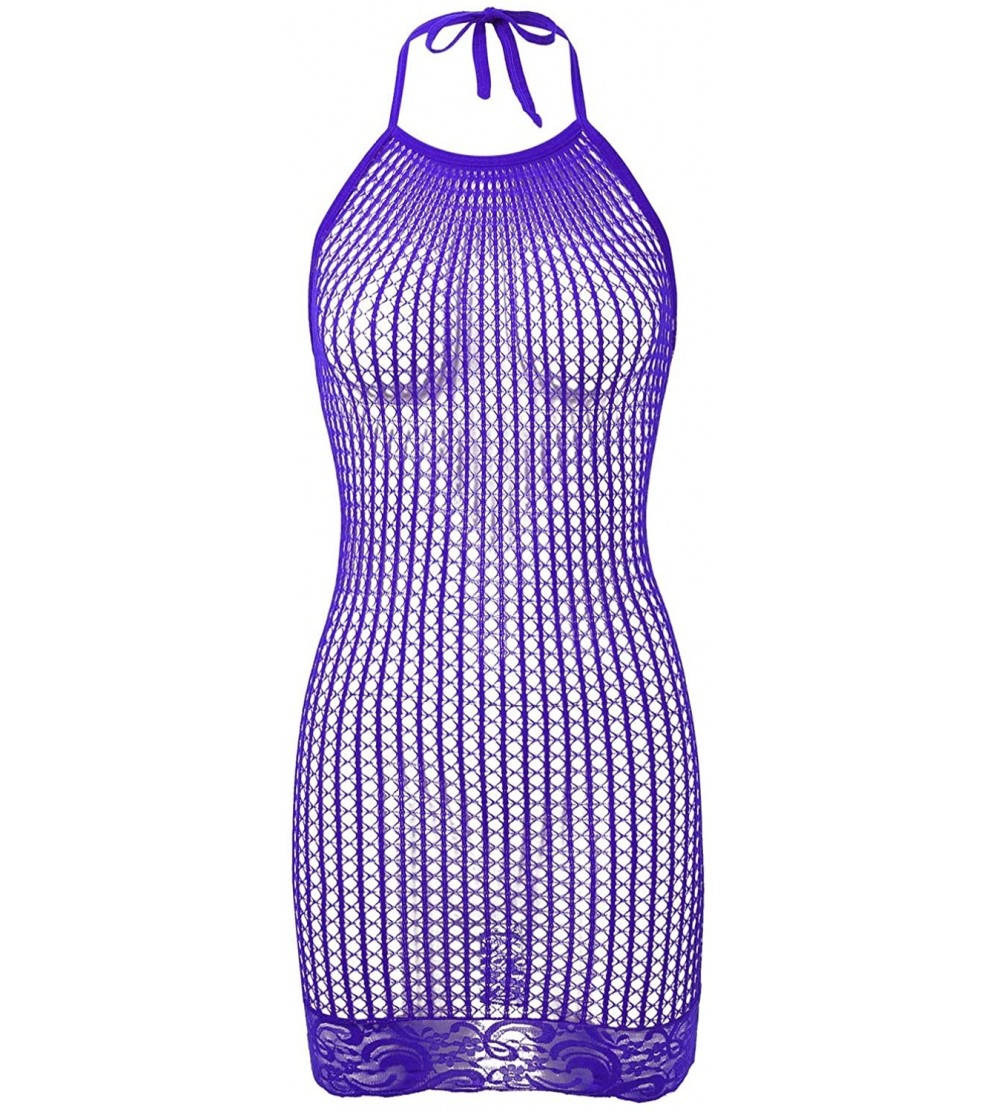 Baby Dolls & Chemises Women's Fishnet Lingerie Babydoll Halter Neck Chemise Babydoll Sleepwear Mini Dress - Purple - CJ19CA67...