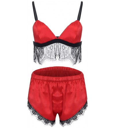 Bustiers & Corsets Women 2PC Lingerie Satin Lace Trim Sling Nightwear Nightgown Pajama Push Up Bra Bodysuit Underwear - Red -...
