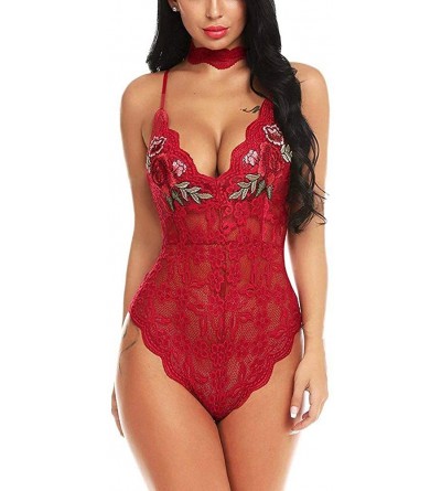 Baby Dolls & Chemises Babydoll Lingerie for Women Women Lingerie Bodysuit Embroidered Lace Teddy One Piece Babydoll - Red - C...