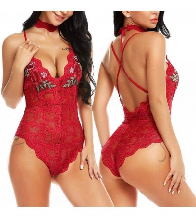 Baby Dolls & Chemises Babydoll Lingerie for Women Women Lingerie Bodysuit Embroidered Lace Teddy One Piece Babydoll - Red - C...