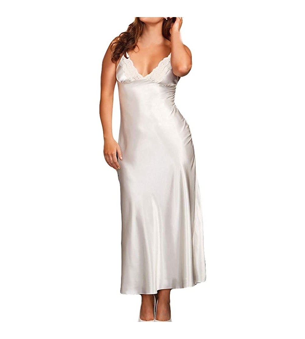 Baby Dolls & Chemises Sexy Women Satin Nightgown Babydoll Lace Lingerie Trimmed Full Length Slip Dress - White - CQ18M23D63C ...