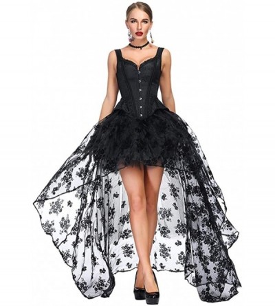 Bustiers & Corsets Women's Victorian Jacquard Tank Overbust Corset with High Low Skirt Set - Black - CF18NS4U6CY $89.43