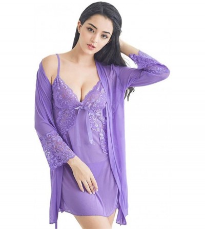 Baby Dolls & Chemises Women's Nightgown Sexy Lingerie Lace Chemise Sleepwear 3PCS Set - Purple - C119COH6TMN $54.91