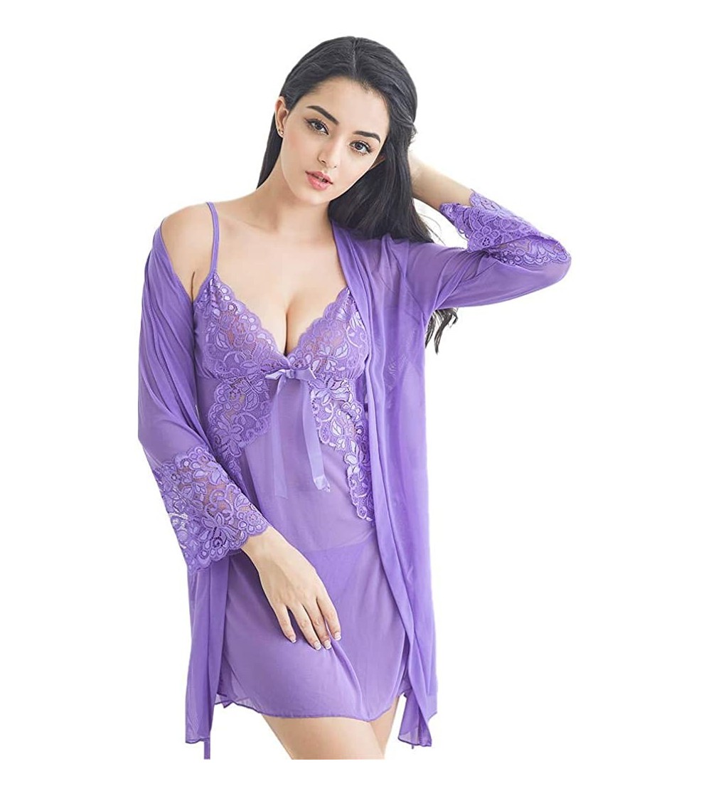 Baby Dolls & Chemises Women's Nightgown Sexy Lingerie Lace Chemise Sleepwear 3PCS Set - Purple - C119COH6TMN $25.84